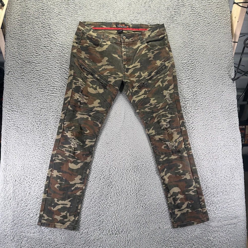 Copper Rivet Jeans Mens 2XL Green Camouflage Denim Straight Distressed Stretch